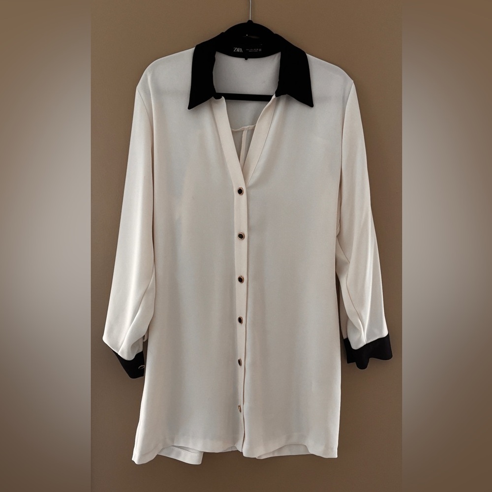Zara White and Blue long Sleeve Notched Collar Blouse